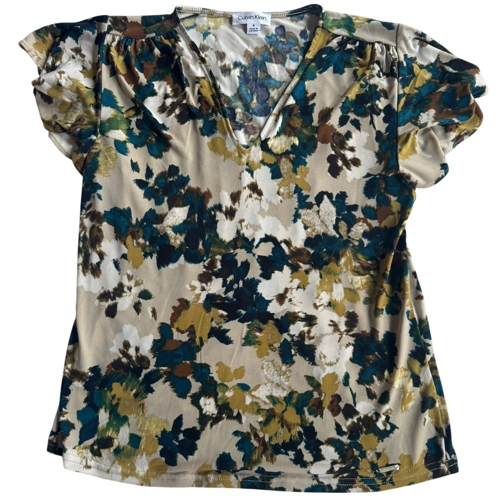 Calvin Klein Womens V-Neck Flutter Sleeve Abstract Floral Blouse Olive Size S